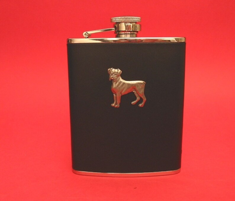 Boxer Dog Design Black Leather 6oz Hip Flask Dog Gift image 1