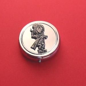 Mad Hatter Pewter Motif on Round Chrome Mint / Pill Box English Teacher Literary Alice Gift