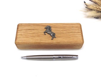 Horse design Oak Wooden Pen Box & Pen Set - Horse Gifts - Horse Mum Dad Gift - Horse Lovers Gift - Pony Gift - Horse Rider Fathers Day Gift