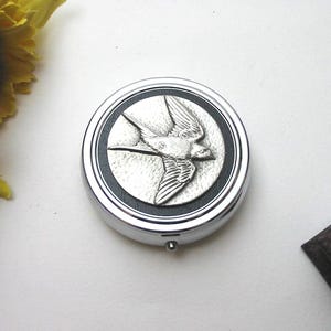 Swallow Pewter Motif on Round Pill Box with Black Faux Leather Top, Swallow Gift, Birthday Christmas Gift