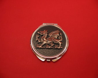 Dragon Pewter Motif On Round Compact Mirror with black faux-leather finished top Mum Girlfriend Wedding Christmas Gift