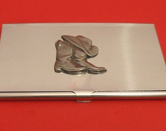 Cowboy Boots & Hat Chromed Card Holder With Hand Cast Pewter Motif Country And Western Line Dancing Gift