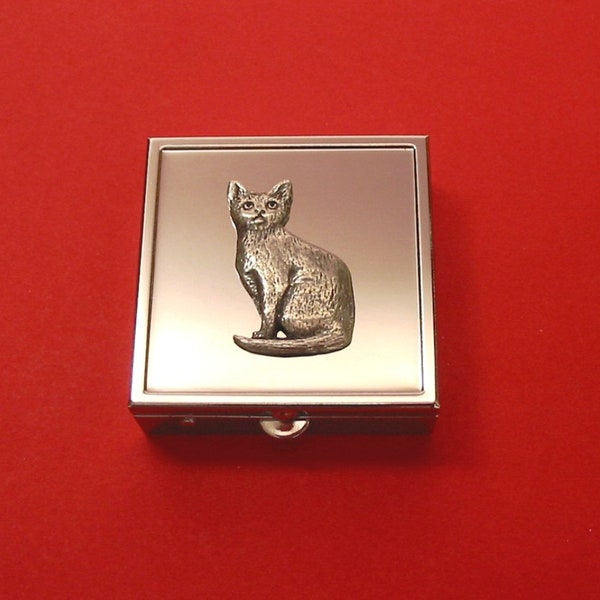 Sitting Cat Design Square Chrome Mint / Pill Box Small Trinket Box Pill Case for Medicine Vitamins - Mother's Day Father's Day Gift