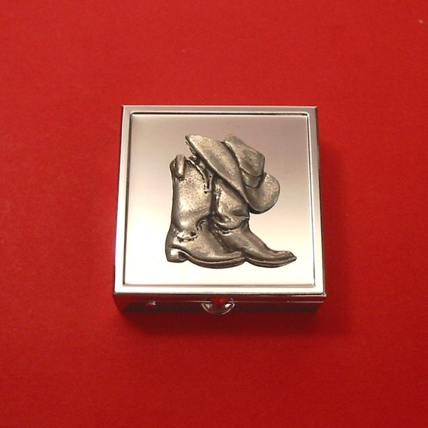 Cowboy Boots Design Square Chrome Mint / Pill Box Small Trinket Box Pill Case for Medicine Vitamins - Rodeo Cowboy Americana Gift