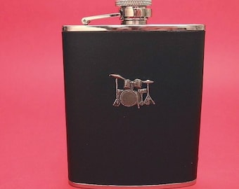 Drum Kit Design Black Leather 6oz Hip Flask Music Gift Drummer Gift