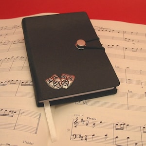 Comedy and Tragedy Mask Hand Cast Pewter Motif on A6 Black Journal - Drama Teacher Gift - End of Term Teacher Gift - Mum Dad Birthday Gift