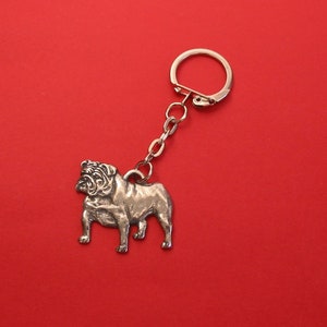 May include: Silver bulldog keychain with a silver chain and a silver ring. The bulldog is standing on all four legs and has a detailed face.