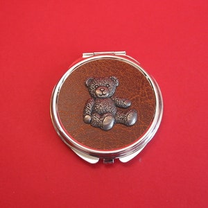 Teddy Bear Pewter Motif On Brown Round Compact Mirror Christmas Ladies Mother Sister Daughter Gift
