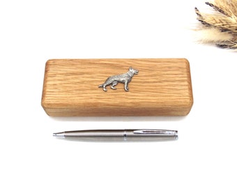 German Shepherd design Oak Wooden Pen Box & Pen Set - German Shepherd Gift - Dog Dad Gift - Dad Birthday Alsatian Gift - Fathers Day Gift