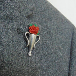 Poirot style Boutonniere Brooch with Red, Pink, Yellow or White Rose Hand Painted Pewter Brooch Poirot Gift Gift for Husband or Wife image 4