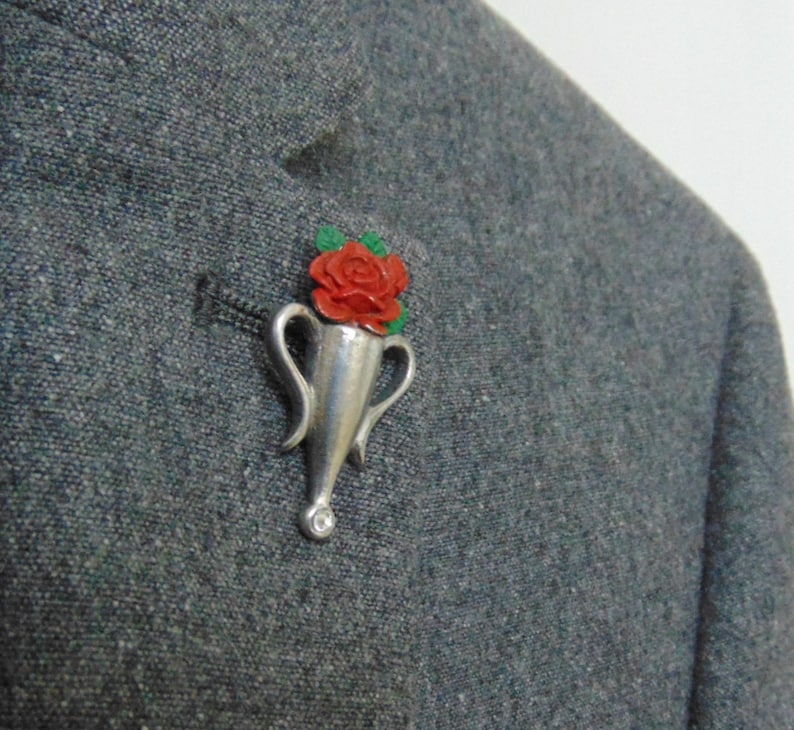 Poirot style Boutonniere Brooch with Red, Pink, Yellow or White Rose Hand Painted Pewter Brooch Poirot Gift Gift for Husband or Wife image 4