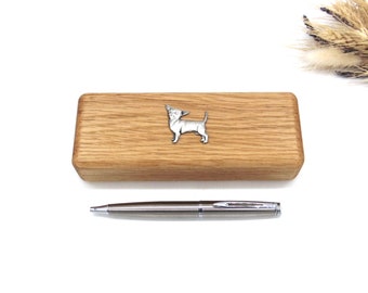 Boîte à stylos et ensemble de stylos en bois de chêne design Chihuahua - Cadeau chihuahua - Cadeau chien maman et papa - Cadeau d'anniversaire de Noël - Cadeau de fête des pères