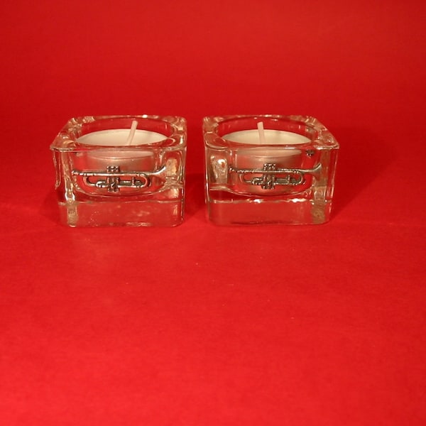 Trumpet Motif On A Pair Of Square Glass Tea Light Candle Holders Music Teacher Student Christmas Brass Band Music Gift