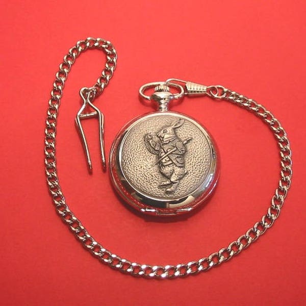 Alice in Wonderland 'The White Rabbit' Design Pocket Watch Pewter Fronted With Albert Chain Mother Fathers Day Gift Christmas