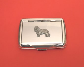Lata de tabaco cromada para Cavalier King Charles Spaniel con motivo de peltre. Regalo para papá.