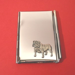 Porte-cartes pour ordinateur portable et stylo bouledogue anglais chromé avec motif en étain coulé à la main, cadeau de Noël pour maman et chien