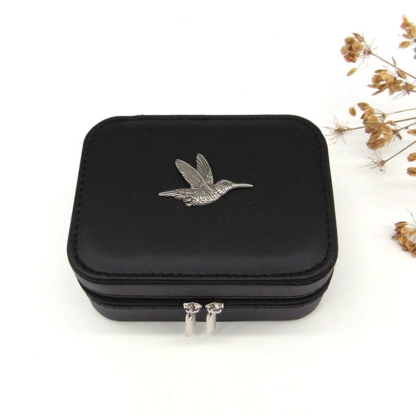 Hummingbird design Black Travel Jewellery Box - Hummingbird Gift - Travel Accessory Jewellery Case - Hummingbird Gift for Him or Her