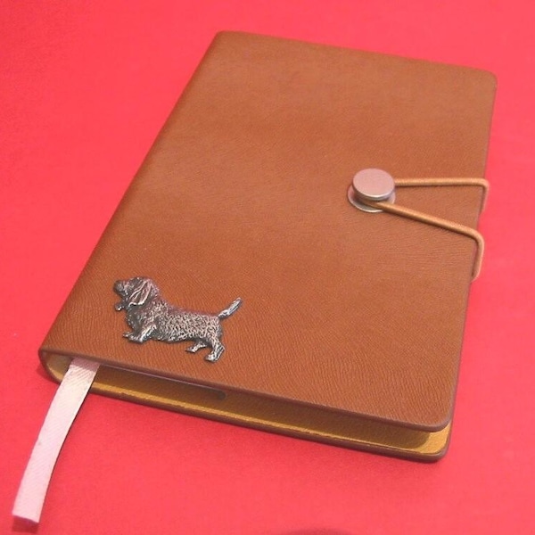 Basset Hound Hand Cast Pewter Motif on A6 Tan Notebook - Basset Hound Gift - Fathers Day Christmas Gift Dog Notebook