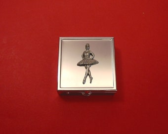 Ballerina Design Square Chrome Mint / Pill Box Small Trinket Box Pill Case for Medicine Vitamins - Mother’s Day Thank You Gift