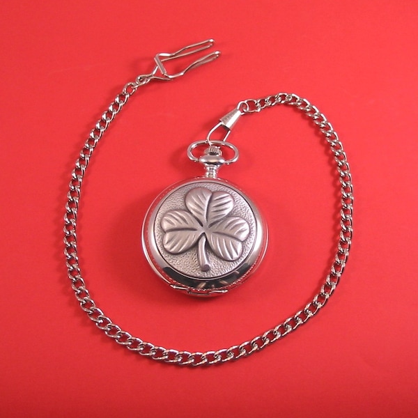 Shamrock Design Pocket Watch Pewter Fronted With Albert Chain St Patrick's Day Gift Good Luck Irish Gift
