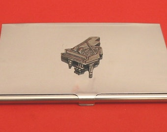 Grand Piano Chromed Card Holder With Hand Cast Pewter Motif MusicTeacher Musician Gift
