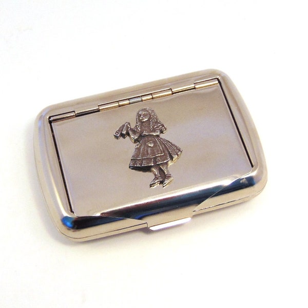 Alice in Wonderland Design Polished Chrome Tobacco Tin With Pewter Motif Father's Day Mother's Day Gift Keepsake Trinket Tin Box