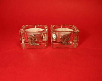 Cowboy Boots & Hat Motif On A Pair Of Square Glass Tea Light Candle Holders Line Dancing Wedding Birthday Christmas Gift