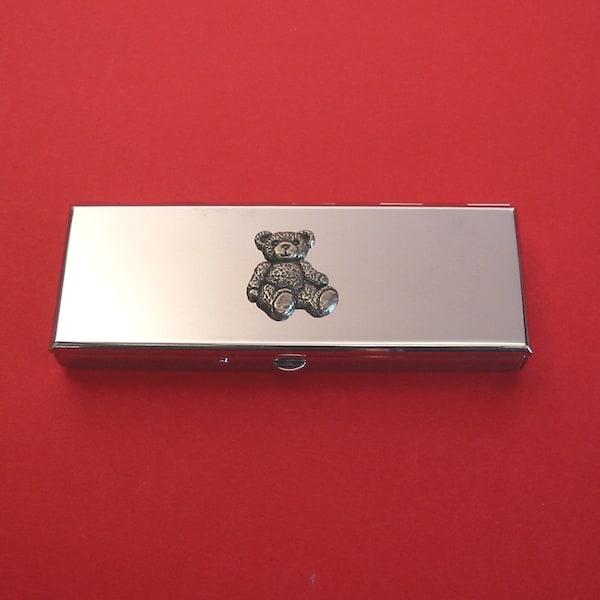 Teddy Bear Design Seven Day Chrome Pill Box - Medication Organiser - Pill Case - Small Trinket Box - Christening Gift Tooth Fairy Box