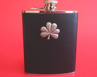 Shamrock design Black Leather 6oz Hip Flask, Irish Dad Gift, Irish Wedding Gift