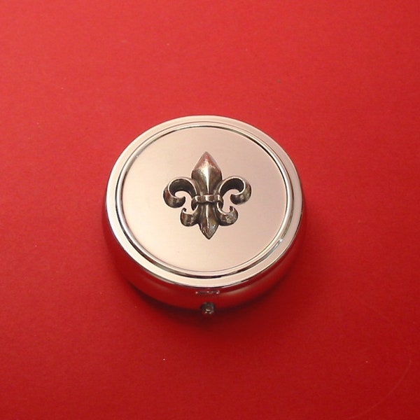 Fleur de Lis Pewter Motif on Round Chrome Mint / Pill Box - Fleur de Lis Gift - Mother's Day Gift - Wedding Anniversary Christmas Gift