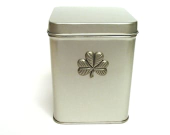 Shamrock Design Delightful Tin Tea Caddy With Pewter Motif Xmas Irish Wellbeing Friendship Gift