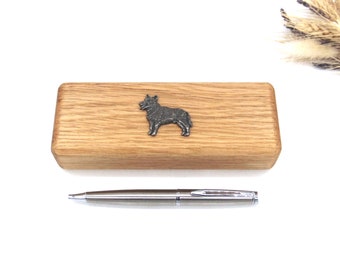 Cadeau Heeler - Coffret et stylo en bois de chêne design Heeler - Cadeau pour bouvier australien - Cadeau pour amoureux des chiens - Cadeau pour la fête des pères - Cadeau pour chien australien