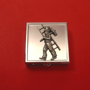 Chimney Sweep Design Square Chrome Mint / Pill Box Small Trinket Box Pill Case for Medicine Vitamins - Wedding Good Luck Gift
