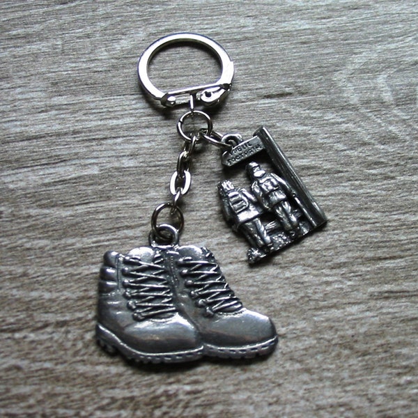 Walking Boots & Public Footpath Pewter Keyring - Combo Keychain Gift for Walker Hiker Rambler - Dad Christmas Gift - Walking Gift - Dad Gift