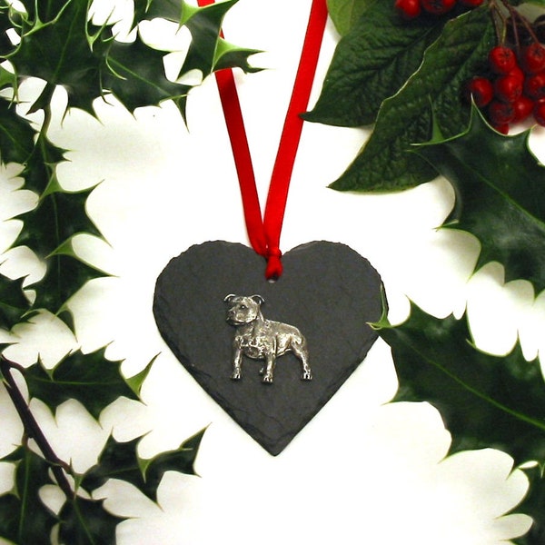 Staffordshire Bull Terrier Natural Slate Heart - 2024 Christmas Decoration - Hanging Ornament - Staffie Mum Gift - Pet Dog Christmas Gift