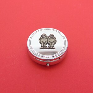 Tweedle Dee and Tweedle Dum on Round Chrome Pill Box - Alice in Wonderland Gift - Small Trinket Box - Medication Organiser - Christmas Gift