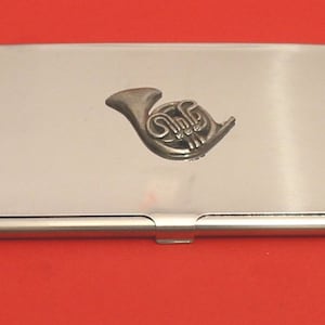 Verchromter Kartenhalter mit Hand gegossenem Zinn Motiv Orcestra Brass Band Musik Geschenk