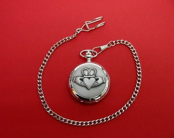 Claddagh design Pocket Watch Pewter Fronted With Albert Chain Gift Boxed - Claddagh Gift - Celtic Gifts - Irish Dad Wedding Christmas Gift