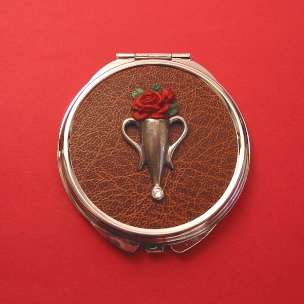 Poirot style Boutonniere Motif On Round Compact Mirror with Brown Faux-Leather top & Swarovski Crystal Mother Christmas Gift