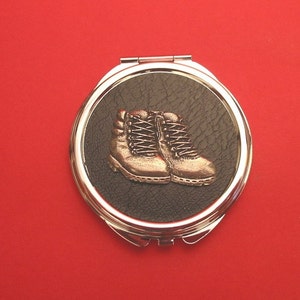 Walking Boots Pewter Motif On Round Compact Mirror with Black Faux-Leather top Rambler Hiking Walkers Gift