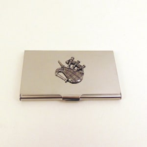 Porte-cartes Chrome de conception de cornemuses - Affaire de cartes de crédit d’affaires - Cadeau de musique écossaise - Cadeau de jour de pères de Noël