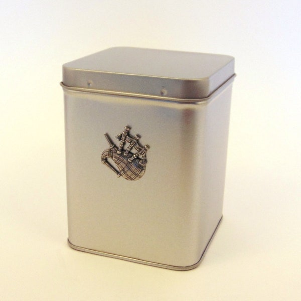 Bagpipes Design Tin Tea Caddy With Pewter Motif - Coffee / Tea Gift - Scottish Themed Music Gift - Fathers Day Christmas Gift