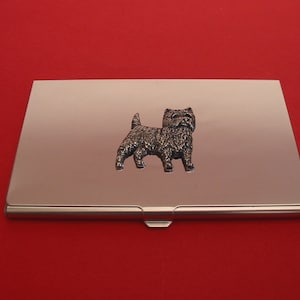 Cairn Terrier-hond verchroomde kaarthouder met handgegoten tinnen motief cadeau moeder vader