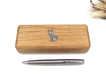 Cat design Oak Wooden Pen Box & Pen Set - Cat Gifts - Cat Mum Dad Gift - Cat Birthday Christmas Gift - Dad Fathers Day Gift - Cat Lover Gift