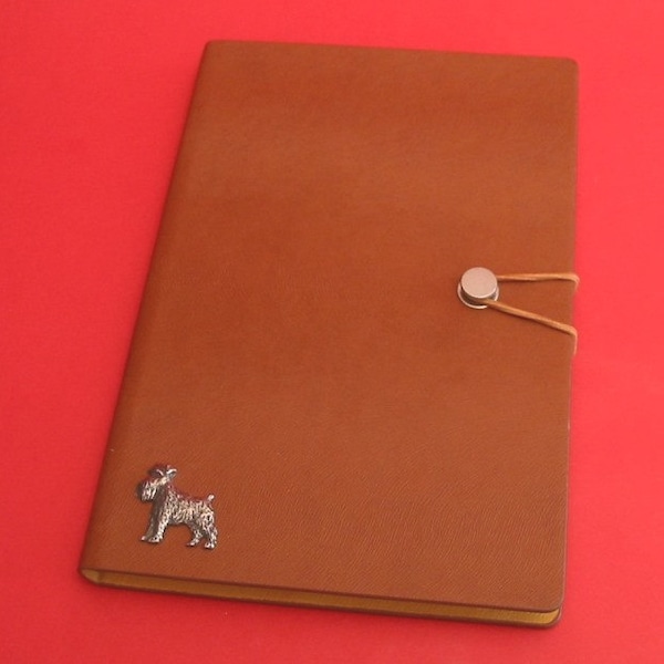 Miniature Schnauzer Hand Cast Pewter Motif on A5 Tan Journal Miniature Schnauzer Dog Notebook Gift