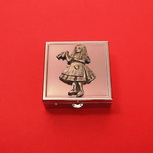 Alice in Wonderland Design Square Chrome Mint / Pill Box Small Trinket Box Pill Case for Medicine Vitamins - Mother's Day Father's Day Gift