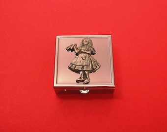 Alice in Wonderland Design Square Chrome Mint / Pill Box Small Trinket Box Pill Case for Medicine Vitamins - Mother's Day Father's Day Gift