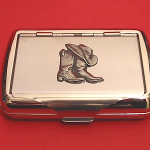 Scatola di tabacco con motivo a stivali e cappello da cowboy, motivo: Padre Rodeo, ballo di linea, country e western, regalo