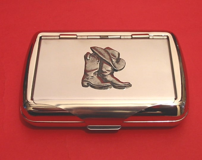 Cowboy Boots & Hat Chrome Tobacco Tin With Pewter Motif Father Rodeo, Line Dancing Country And Western Gift