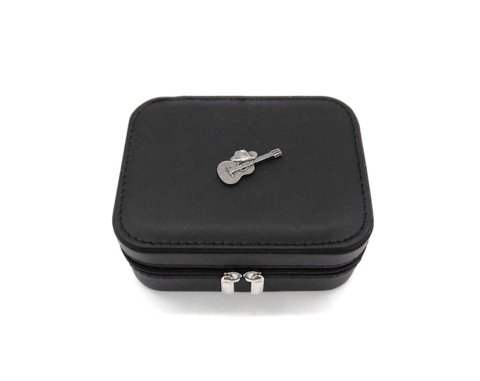 Acoustic Guitar and Hat Black Travel Jewellery Box / Guitarist Gift / Travel Accessory / Jewellery Storage / Guitar Gift / Musician Dad Gift